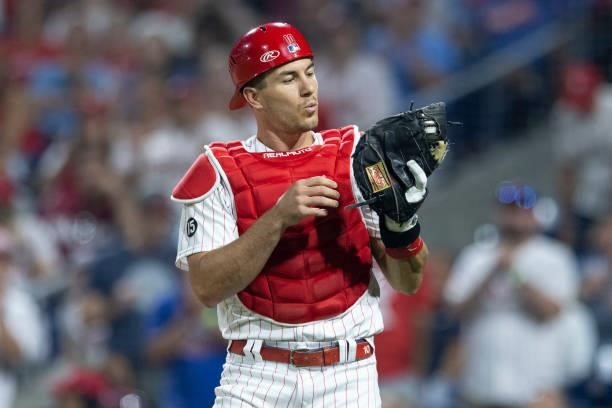 Realmuto of the Philadelphia Phillies reacts after catching the ball against the Atlanta Braves at Citizens Bank Park on July 23, 2021 in...