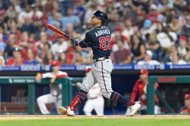 Ehire Adrianza of the Atlanta Braves bats against the Philadelphia Phillies at Citizens Bank Park on July 23, 2021 in Philadelphia, Pennsylvania. The...