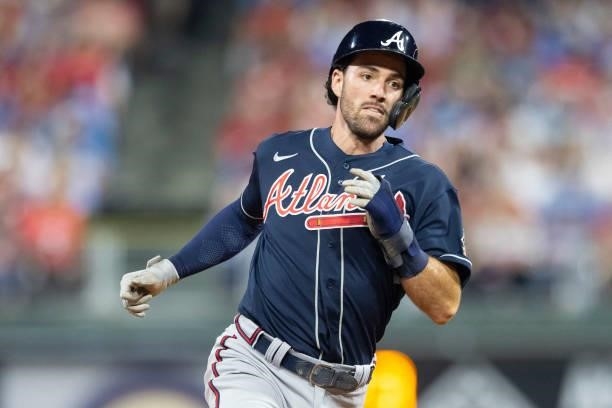 Dansby Swanson of the Atlanta Braves runs to third base against the Philadelphia Phillies at Citizens Bank Park on July 23, 2021 in Philadelphia,...