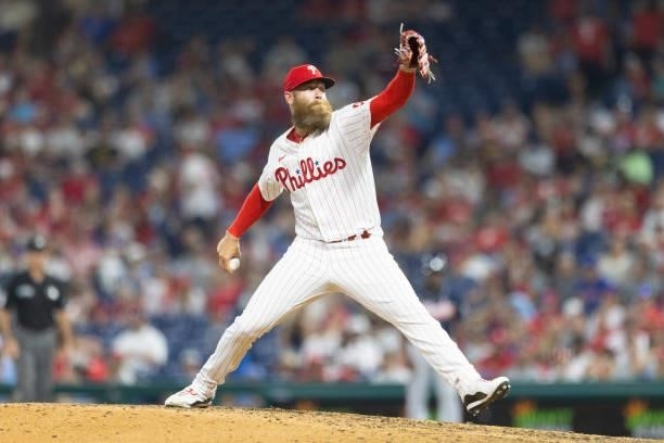 Archie Bradley of the Philadelphia Phillies throws a pitch against the Atlanta Braves at Citizens Bank Park on July 23, 2021 in Philadelphia,...