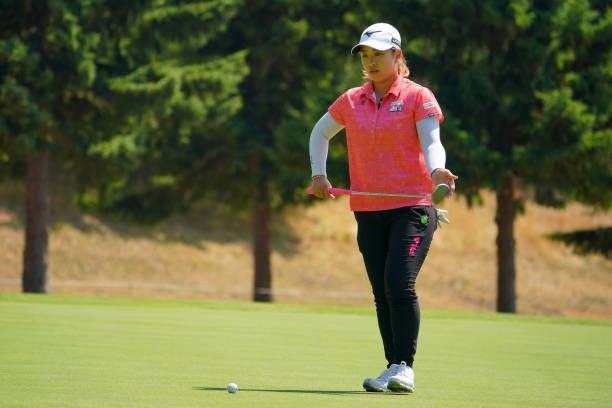 Mao Saigo of Japan lines up a putt on the 6th green during the third round of Daito Kentaku eHeyanet Ladies at Takino Country Club on July 24, 2021...