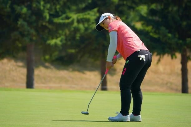 Mao Saigo of Japan holes the birdie a putt on the 6th green during the third round of Daito Kentaku eHeyanet Ladies at Takino Country Club on July...