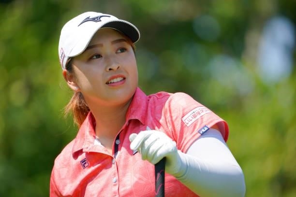 Mao Saigo of Japan reacts after her tee shot on the 7th hole during the third round of Daito Kentaku eHeyanet Ladies at Takino Country Club on July...
