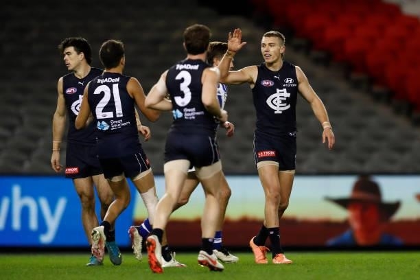 Patrick Cripps of the Blues celebrates a goal during the round 19 AFL match between Carlton Blues and North Melbourne Kangaroos s at Marvel Stadium...