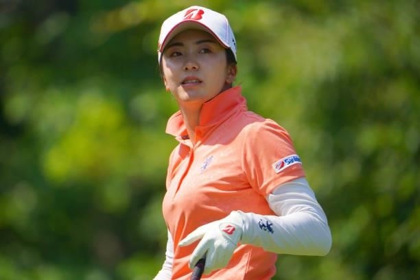 Kotone Hori of Japan is seen after her tee shot on the 7th hole during the third round of Daito Kentaku eHeyanet Ladies at Takino Country Club on...