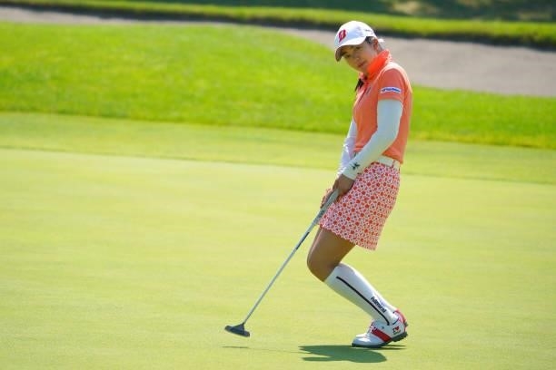Kotone Hori of Japan reacts after a putt on the 7th green during the third round of Daito Kentaku eHeyanet Ladies at Takino Country Club on July 24,...