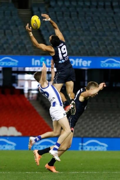Eddie Betts of the Blues leaps for the ball during the round 19 AFL match between Carlton Blues and North Melbourne Kangaroos s at Marvel Stadium on...