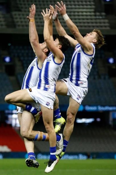 Cameron Zurhaar of the Kangaroos marks the ball during the round 19 AFL match between Carlton Blues and North Melbourne Kangaroos s at Marvel Stadium...