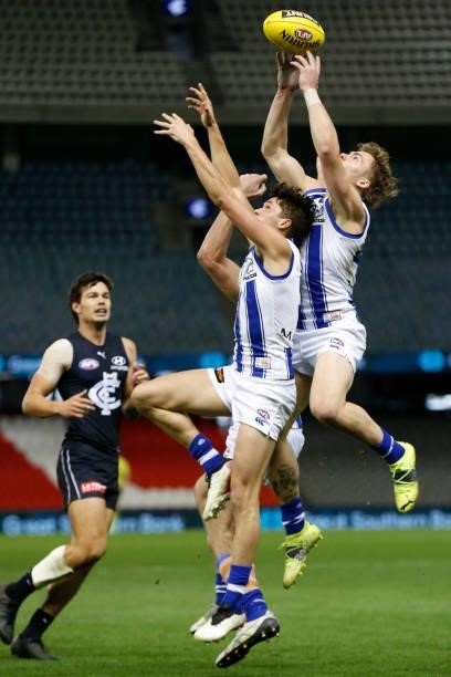 Cameron Zurhaar of the Kangaroos marks the ball during the round 19 AFL match between Carlton Blues and North Melbourne Kangaroos s at Marvel Stadium...