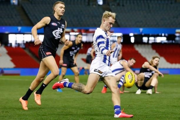 Jaidyn Stephenson of the Kangaroos kicks the ball during the round 19 AFL match between Carlton Blues and North Melbourne Kangaroos s at Marvel...