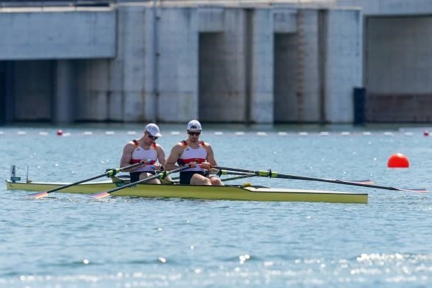 Marc Weber of Germany and Stephan Krueger of Germany competing on Men's Double Sculls Repechage 1 during the Tokyo 2020 Olympic Games at the Sea...