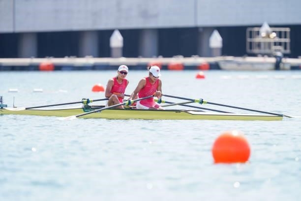Shuangmei Shen of China and Xiaoxin Liu of China competing on Women's Double Sculls Repechage 1 during the Tokyo 2020 Olympic Games at the Sea Forest...