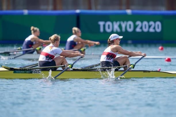 Leonie Menzel of Germany and Annekatrin Thiele of Germany competing on Women's Double Sculls Repechage 1 during the Tokyo 2020 Olympic Games at the...
