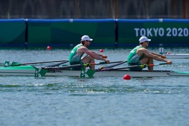 Philip Doyle of Ireland and Ronan Byrne of Ireland competing on Men's Double Sculls Repechage 1 during the Tokyo 2020 Olympic Games at the Sea Forest...