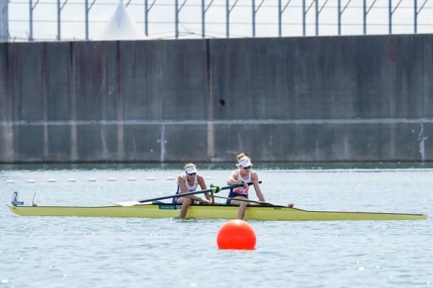 Helen Glover of Great Britain and Polly Swann of Great Britain competing on Women's Pair Heats during the Tokyo 2020 Olympic Games at the Sea Forest...