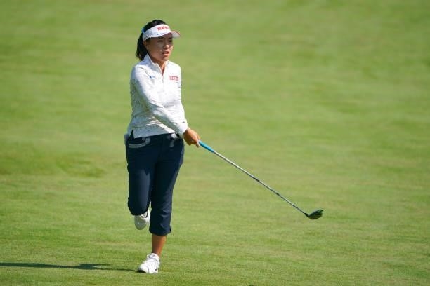 Pei-Ying Tsai of Chinese Taipei reacts after her second shot on the 8th hole during the third round of Daito Kentaku eHeyanet Ladies at Takino...