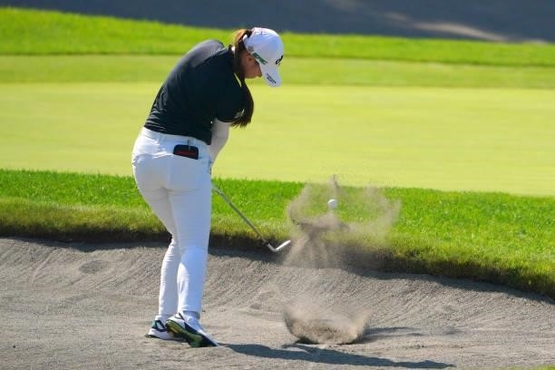 Asuka Kashiwabara of Japan hits out from a bunker on the 8th hole during the third round of Daito Kentaku eHeyanet Ladies at Takino Country Club on...