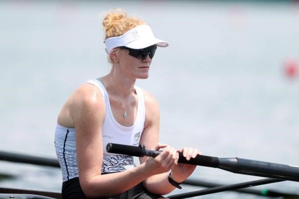 Grace Prendergast of Team New Zealand Women's Eight looks on at the start line on day one of the Tokyo 2020 Olympic Games at Sea Forest Waterway on...