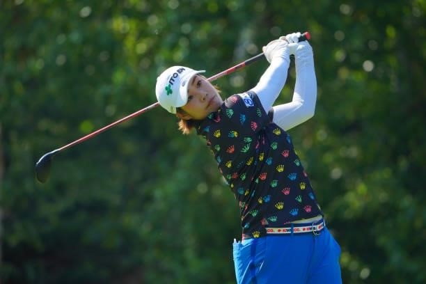 Mayu Hamada of Japan hits her tee shot on the 9th hole during the third round of Daito Kentaku eHeyanet Ladies at Takino Country Club on July 24,...
