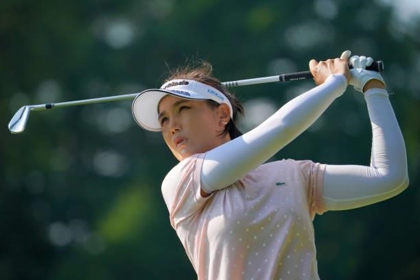 Mi-jeong Jeon of South Korea hits her tee shot on the 11th hole during the third round of Daito Kentaku eHeyanet Ladies at Takino Country Club on...