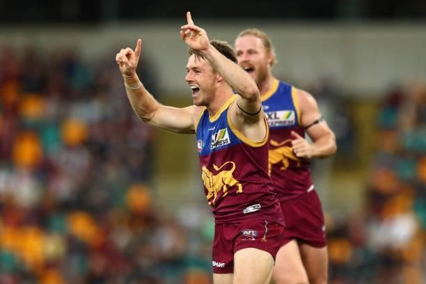 Lincoln McCarthy of the Lions celebrates a goal during the round 20 AFL match between Brisbane Lions and Gold Coast Suns at The Gabba on July 24,...
