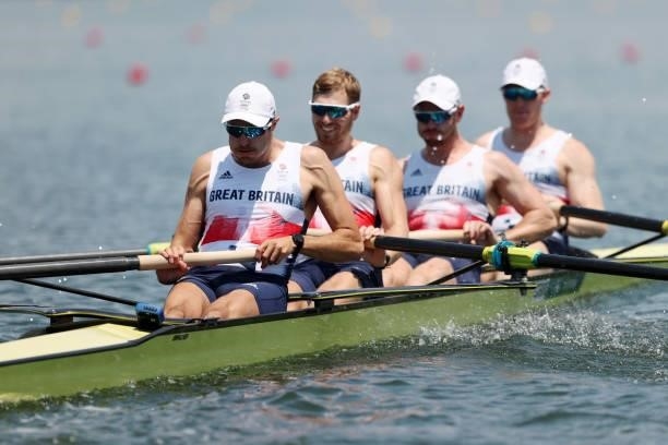Oliver Cook, Matthew Rossiter, Rory Gibbs and Sholto Carnegie of Team Great Britain compete during the Men's Four Heat 2 on day one of the Tokyo 2020...