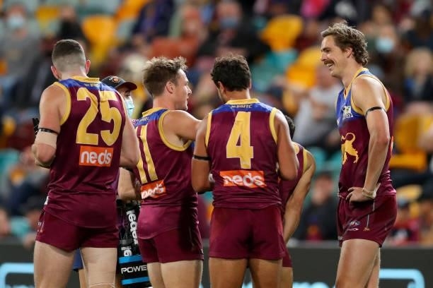 Joe Daniher of the Lions celebrates with Charlie Cameron of the Lions during the round 20 AFL match between Brisbane Lions and Gold Coast Suns at The...