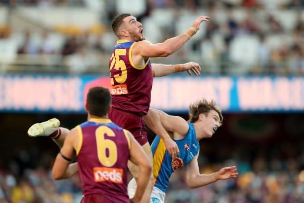 Daniel McStay of the Lions competes for the ball during the round 20 AFL match between Brisbane Lions and Gold Coast Suns at The Gabba on July 24,...