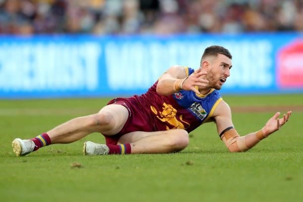 Daniel McStay of the Lions reacts during the round 20 AFL match between Brisbane Lions and Gold Coast Suns at The Gabba on July 24, 2021 in Brisbane,...