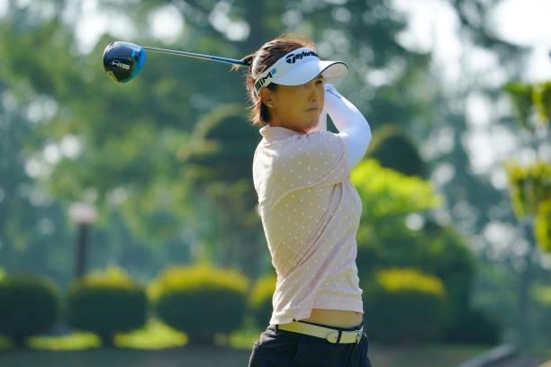 Mi-jeong Jeon of South Korea hits her tee shot on the 12th hole during the third round of Daito Kentaku eHeyanet Ladies at Takino Country Club on...