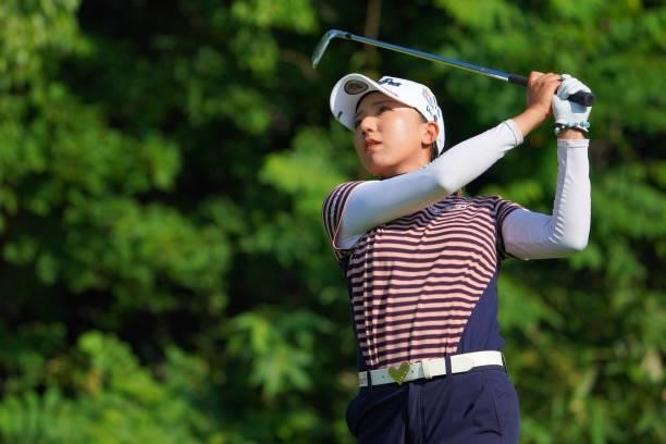Naruha Miyata of Japan hits her tee shot on the 17th hole during the third round of Daito Kentaku eHeyanet Ladies at Takino Country Club on July 24,...