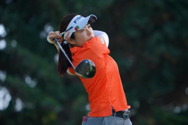 Sumika Nakasone of Japan hits her tee shot on the 18th hole during the third round of Daito Kentaku eHeyanet Ladies at Takino Country Club on July...