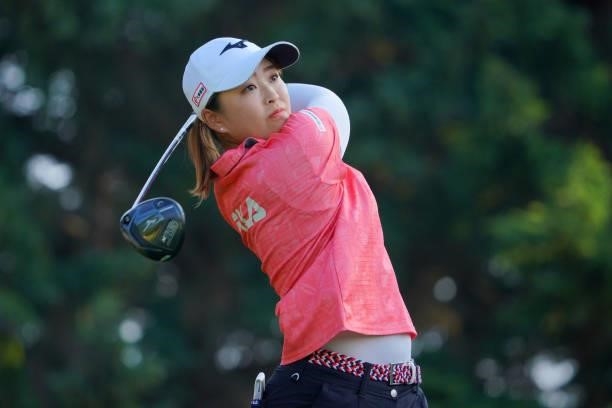 Mao Saigo of Japan hits her tee shot on the 18th hole during the third round of Daito Kentaku eHeyanet Ladies at Takino Country Club on July 24, 2021...