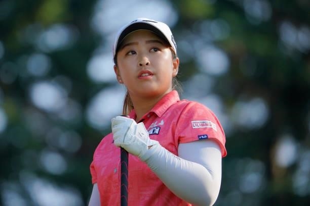 Mao Saigo of Japan reacts after her tee shot on the 18th hole during the third round of Daito Kentaku eHeyanet Ladies at Takino Country Club on July...