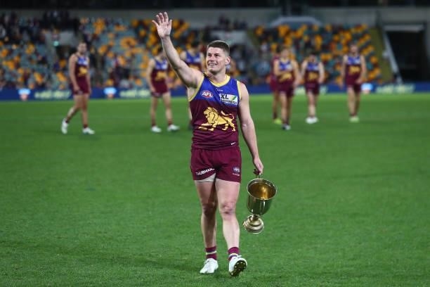 Dayne Zorko of the Lions celebrates winning the Q Clash during the round 20 AFL match between Brisbane Lions and Gold Coast Suns at The Gabba on July...