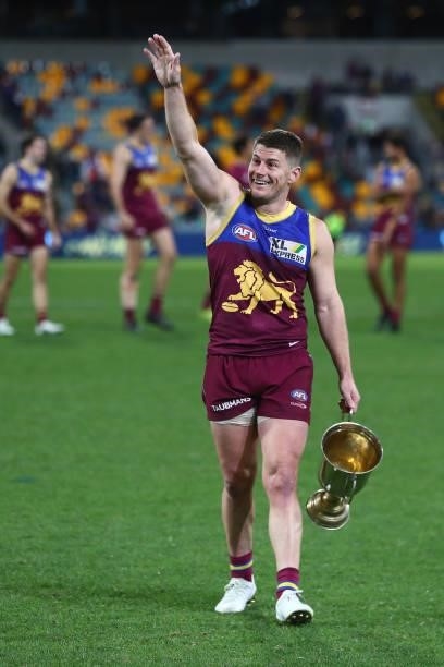 Dayne Zorko of the Lions celebrates winning the Q Clash during the round 20 AFL match between Brisbane Lions and Gold Coast Suns at The Gabba on July...