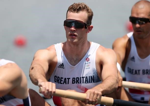Charles Elwes of Team Great Britain Men's Eight looks on from the start line on day one of the Tokyo 2020 Olympic Games at Sea Forest Waterway on...
