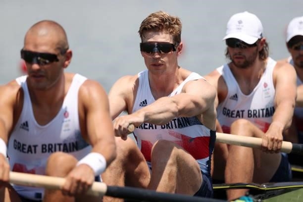 Thomas George of Team Great Britain Men's Eight looks on from the start line on day one of the Tokyo 2020 Olympic Games at Sea Forest Waterway on...