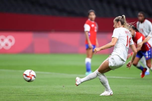 Janine Beckie of Team Canada hits the post from a penalty during the Women's First Round Group E match between Chile and Canada on day one of the...