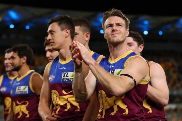 Lincoln McCarthy of the Lions celebrates the win during the round 20 AFL match between Brisbane Lions and Gold Coast Suns at The Gabba on July 24,...