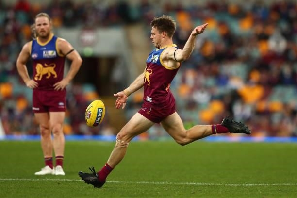 Lincoln McCarthy of the Lions kicks during the round 20 AFL match between Brisbane Lions and Gold Coast Suns at The Gabba on July 24, 2021 in...