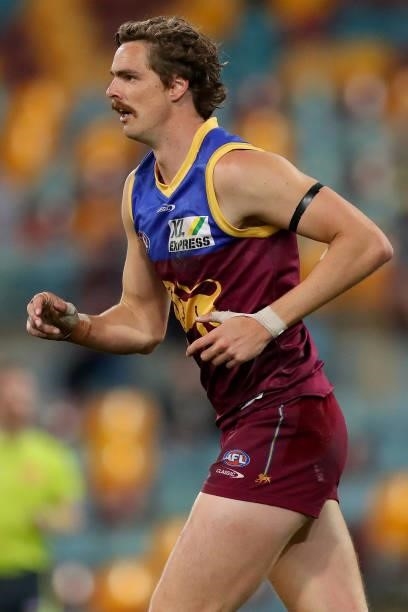 Joe Daniher of the Lions celebrates during the round 20 AFL match between Brisbane Lions and Gold Coast Suns at The Gabba on July 24, 2021 in...