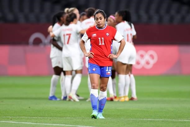 Yessenia Lopez of Team Chile looks dejected after the Team Chile first goal scored by Janine Beckie during the Women's First Round Group E match...