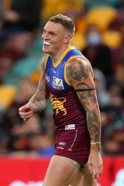 Mitch Robinson of the Lions celebrates during the round 20 AFL match between Brisbane Lions and Gold Coast Suns at The Gabba on July 24, 2021 in...