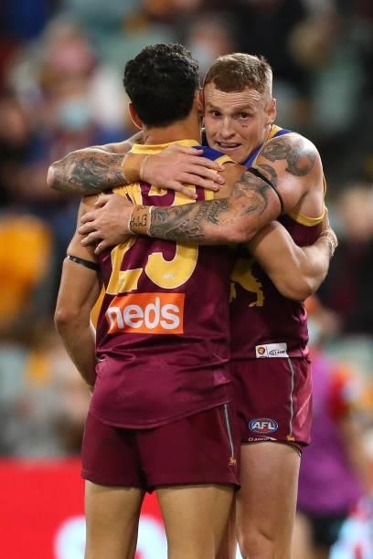 Mitch Robinson of the Lions celebrates during the round 20 AFL match between Brisbane Lions and Gold Coast Suns at The Gabba on July 24, 2021 in...