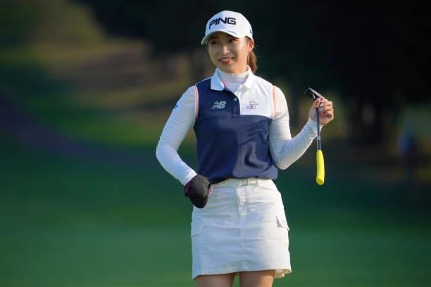 Mizuki Ooide of Japan smiles after holing out on the 18th green during the third round of Daito Kentaku eHeyanet Ladies at Takino Country Club on...