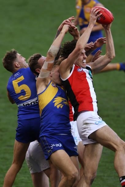 Max King of the Saints marks the ball against Oscar Allen of the Eagles during the round 19 AFL match between West Coast Eagles and St Kilda Saints...