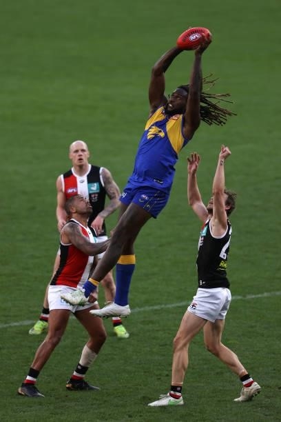 Nic Naitanui of the Eagles marks the ball during the round 19 AFL match between West Coast Eagles and St Kilda Saints at Optus Stadium on July 24,...