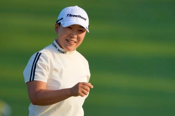 Jiyai Shin of South Korea smiles after holing out on the 18th green during the third round of Daito Kentaku eHeyanet Ladies at Takino Country Club on...