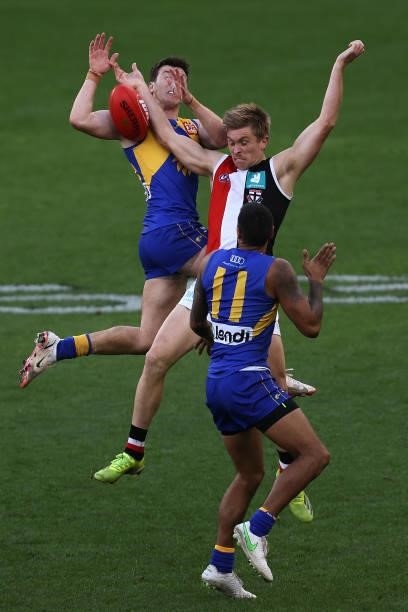 Xavier O'Neill of the Eagles and Sebastian Ross of the Saints contest for a mark during the round 19 AFL match between West Coast Eagles and St Kilda...